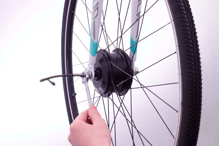 Remove the front wheel from your bike and replace with Cytronex motor wheel